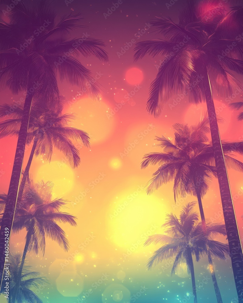 Palm trees reaching towards colorful sunset sky in tropical paradise low angle view vibrant bokeh lights Palm trees reaching towards colorful sunset sky in tropical paradise low angle view vibrant bokeh lights