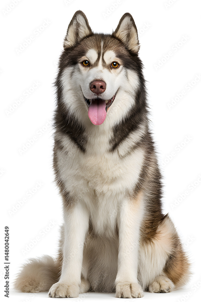 A playful husky sits upright, tongue out, showcasing its thick fur and friendly personality indoors A playful husky sits upright, tongue out, showcasing its thick fur and friendly personality indoors