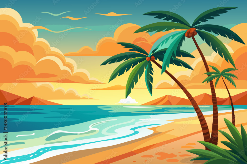 A sunset over a tropical island background A sunset over a tropical island background