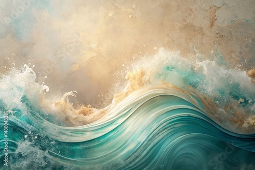Abstract Impressionist Wave Background: Minimalist Teal and Beige Pattern