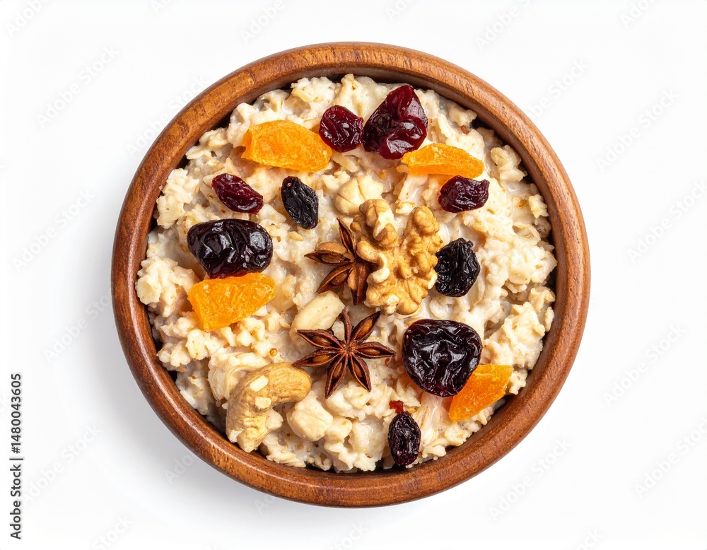 Oatmeal in a wooden bowl, topped with dried fruits and nuts Oatmeal in a wooden bowl, topped with dried fruits and nuts