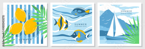 Summer bright backgrounds. Landscape with yacht and mountains, Tropical leaves and lemons, Underwater world with fish, sea, ocean. Tourism concept, travel, wild nature, vacation. Vector illustration