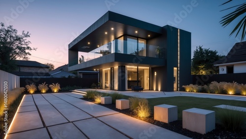 A modern house at dusk featuring sleek lines and dramatic cantilevered design elements, capturing the beauty of twilight and the innovative architecture for comfortable family living