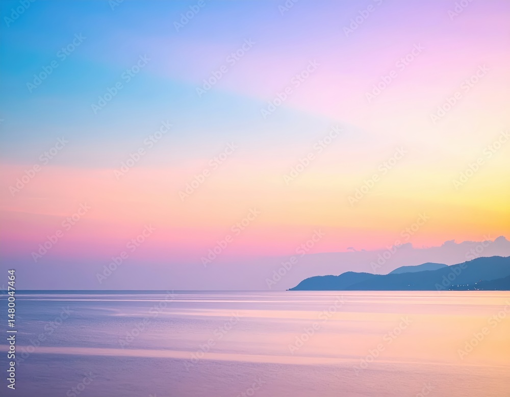 Fototapeta premium A breathtaking sunset casts vibrant hues of orange and pink across the ocean, with majestic mountains silhouetted against the colorful sky.