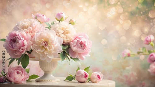 Delicate spring peonies in soft pink hues atop a pedestal, set against a serene pastel-hued backdrop with subtle floral patterns and gentle lighting effects , decorative props, floral arrangement