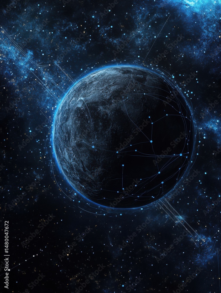Obraz premium Digital planet network in space, futuristic connection concept, global technology, cosmic backdrop, dark blue