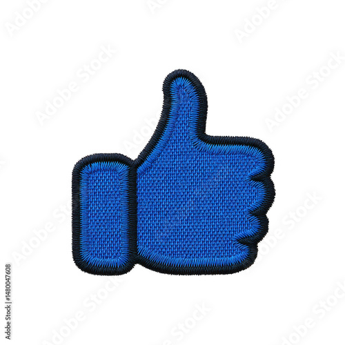 Blue embroidered thumbs up patch with black border, symbolizing approval or agreement. design is simple and iconic, often used in social media contexts photo