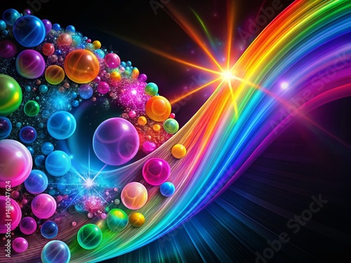 Abstract Rainbow Spheres & Fractal Rays on Black Background - Cosmic Energy Stock Photo