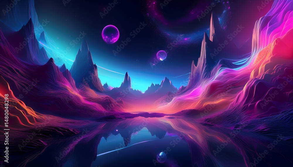 Fototapeta premium Abstract neon landscape with mountains and water reflecting the vibrant colors of the cosmic sky, creating a surreal and dreamlike atmosphere.