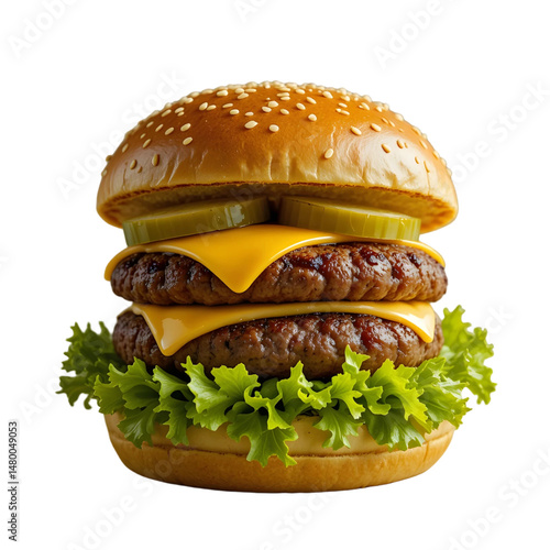 Delicious Juicy Cheeseburger with Fresh Lettuce, Pickles, and Melted Cheese in a Sesame Seed Bun.
