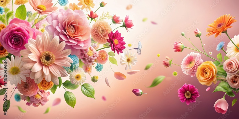 Naklejka premium Vibrant colorful flowers flying in mid-air against a soft pink gradient background with lush greenery and delicate petals , summer