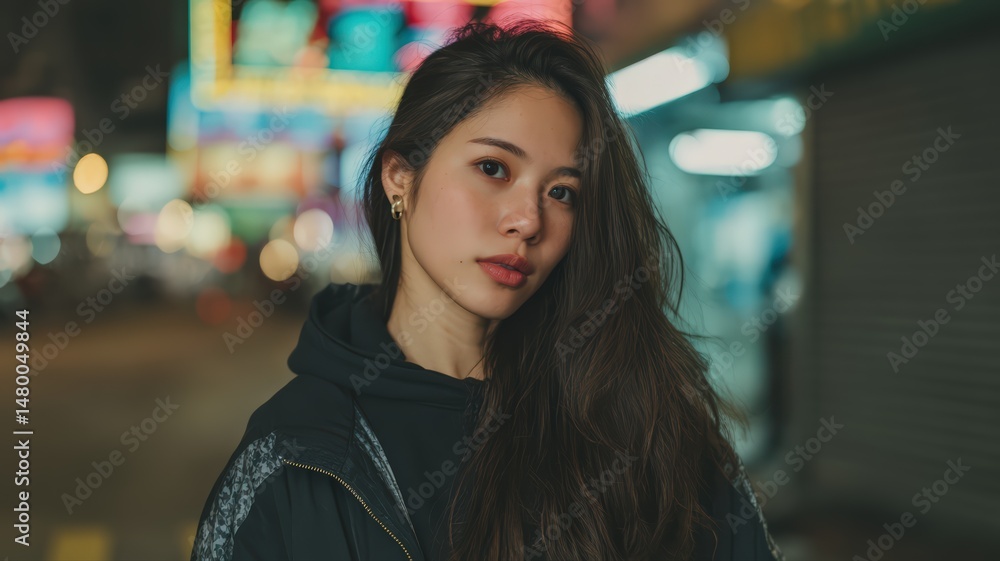 Obraz premium Confident Young Woman in Vibrant Urban Nightscape Portrait