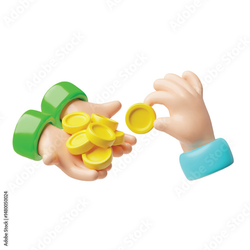 Donation and charity concept, hands give and take golden coin, receive Dollar money cash 3D cartoon vector illustration