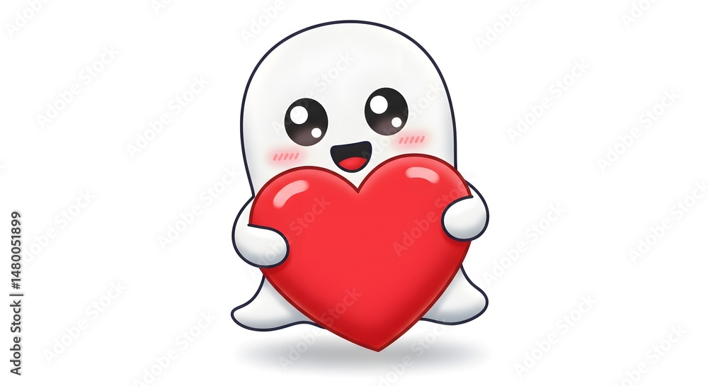 Obraz premium A cartoon ghost hugging a giant heart with a silly, happy and cheerful expression on a white background