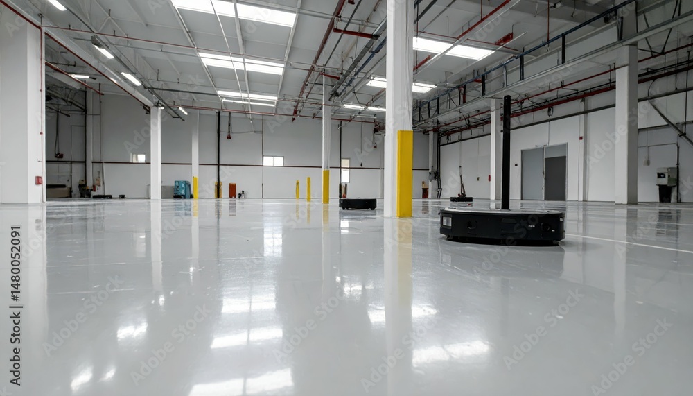 Fototapeta premium Modern Warehouse Interior with Automated Robots and Clear Floors