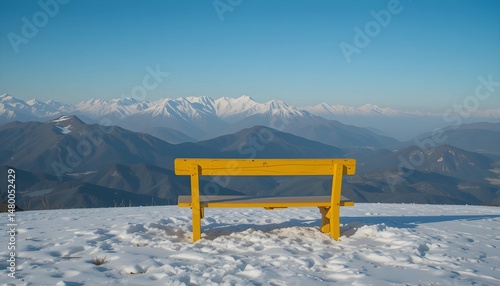 Breathtaking View of Snow-Capped Mountains with a Vibrant Yellow Bench in the Foreground Against a Clear Blue Sky.