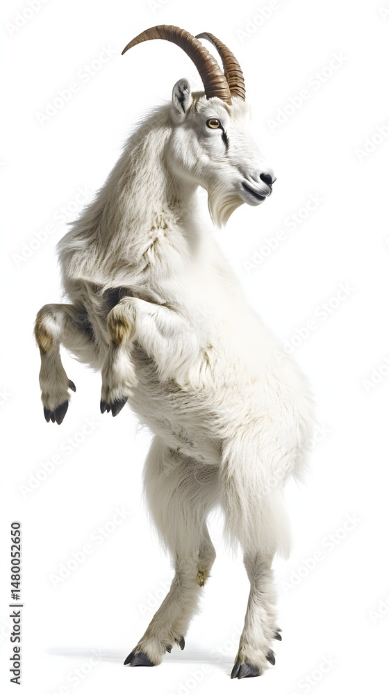Fototapeta premium A white mountain goat in a dynamic, leaping pose against a pure white background.