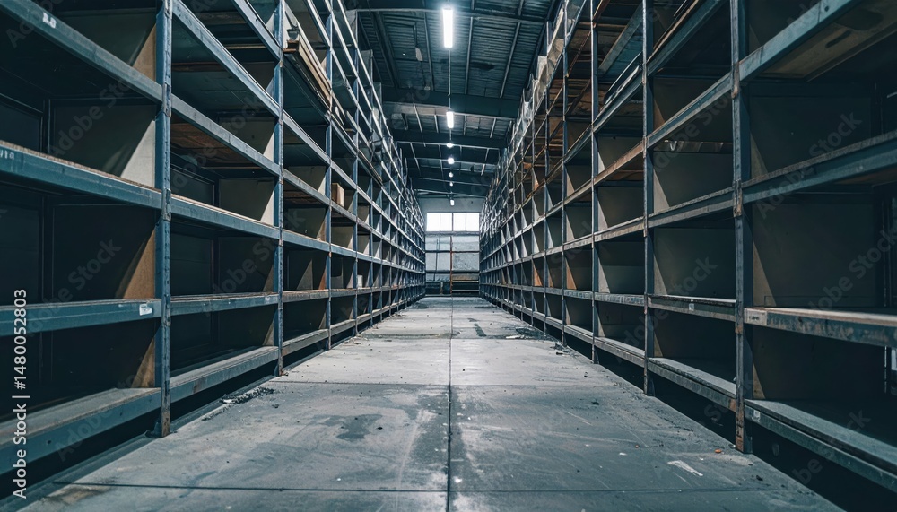 Obraz premium Empty warehouse aisle with metal shelving and dim lighting