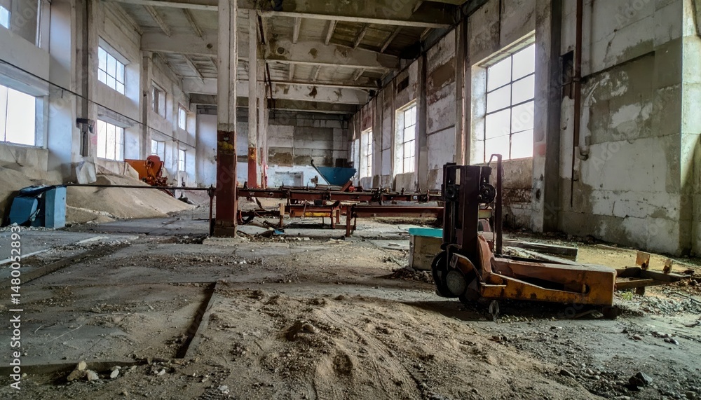 Fototapeta premium Abandoned Warehouse Interior with Dusty Floor and Industrial Equipment