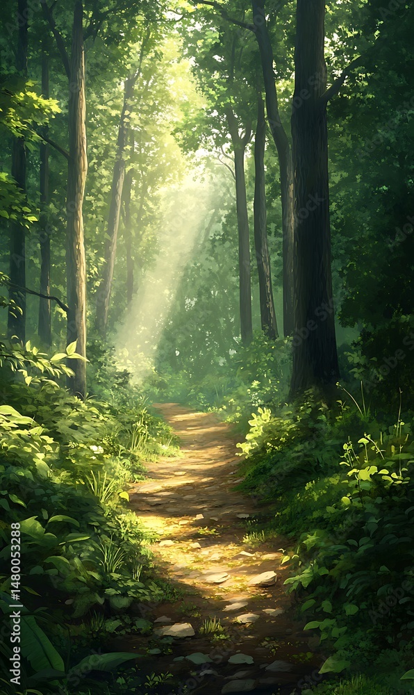 Obraz premium Sun rays illuminate a winding trail through a lush, verdant forest scene
