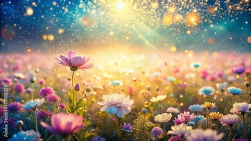 Aerial Pastel Flower Field with Sparkling Glitter Background - Drone Photography