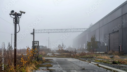 Foggy Abandoned Industrial Area with Overgrown Path and Security Camera