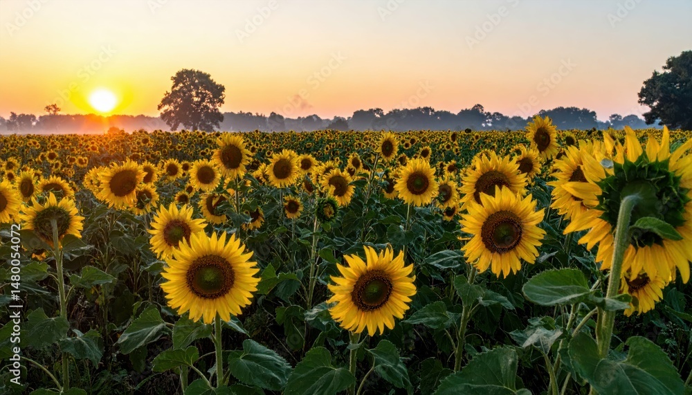 Obraz premium Vibrant Sunflower Field Under Morning Sunrise with Clear Sky