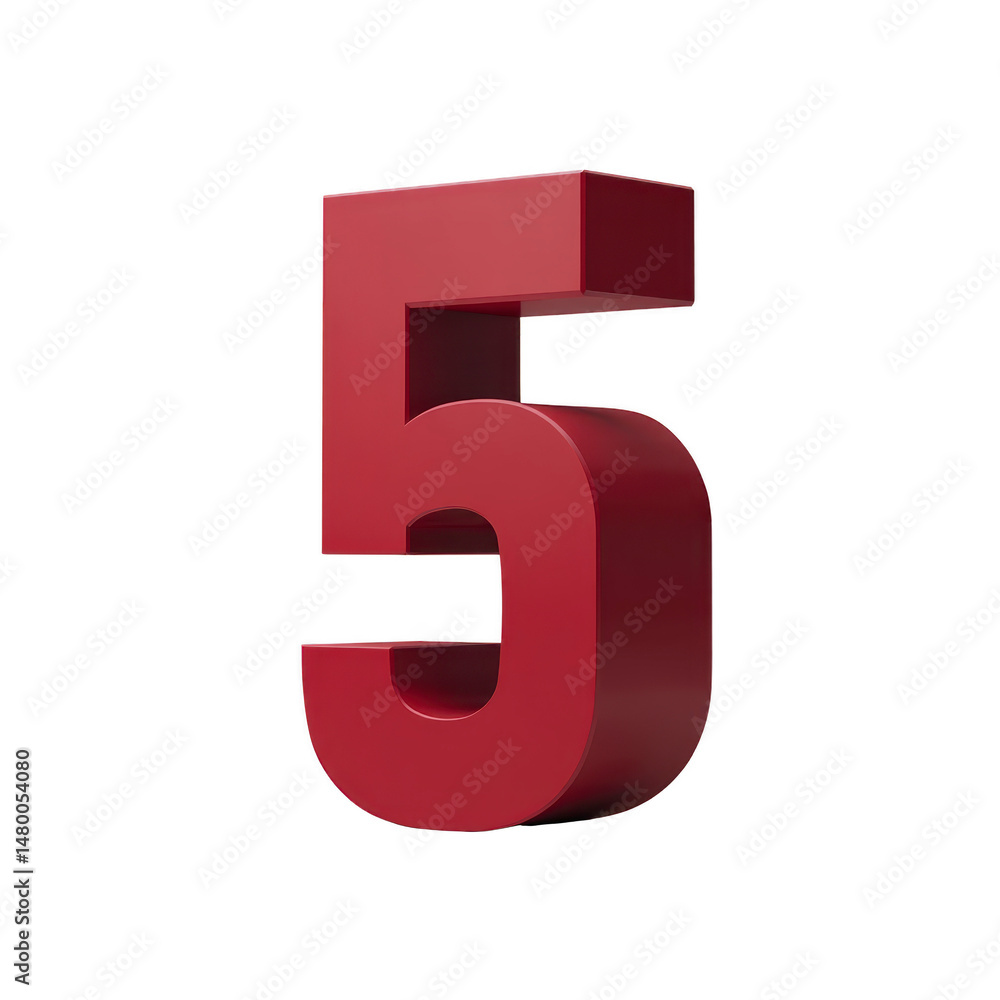 Bold, red 3D number five stands prominently against transparency background, showcasing modern and sleek design. number glossy finish adds touch of elegance and sophistication Bold, red 3D number five stands prominently against transparency background, showcasing modern and sleek design. number glossy finish adds touch of elegance and sophistication