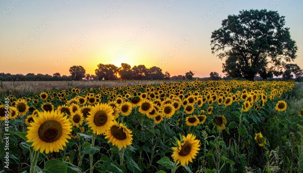 Obraz premium Vibrant Sunflower Field at Sunset with Golden Sky and Green Foliage