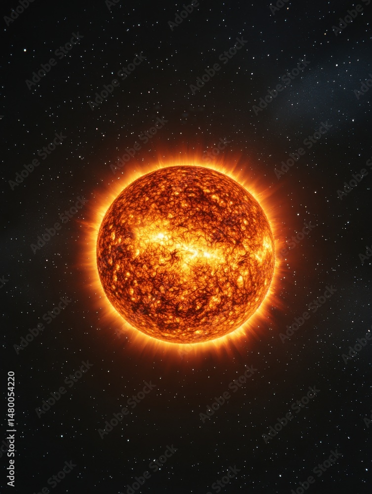 Fototapeta premium Fiery Sun Shining Brightly in Starry Space Digital Illustration Close Up View Outer Space Exploration