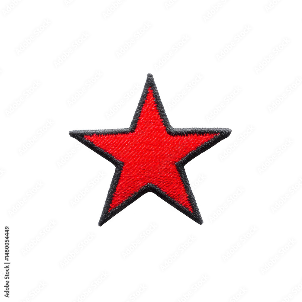 Fototapeta premium Red star patch with black border, symbolizing boldness and style, isolated on transparency background. This emblem is often used in fashion and design for its striking appearance