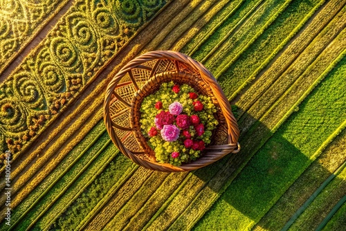 Aerial View Intricate Floral Basket Line Art Pattern Background