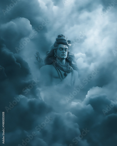 Divine representation of lord shiva meditating amidst serene blue cloudscape