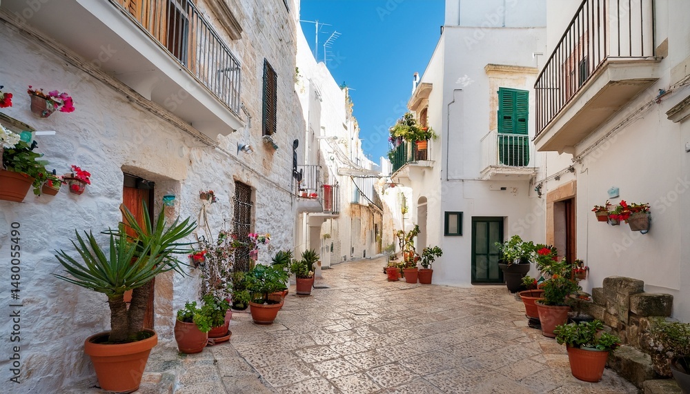 Fototapeta premium narrow stone alley in polignano a mare featuring traditional whitewashed houses decorated with colorful potted plants embodying southern italian coastal charm
