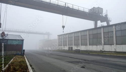 Foggy Industrial Landscape with Crane and Abandoned Warehouse