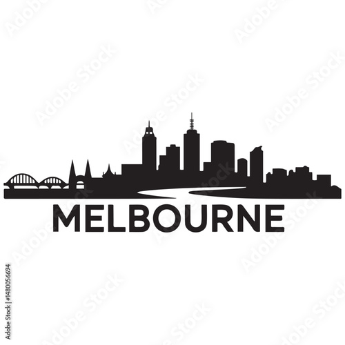 Melbourne skyline horizontal. Black and white silhouette of Melbourne, Australia. Vector template for your design. Vector black silhouette. with white background