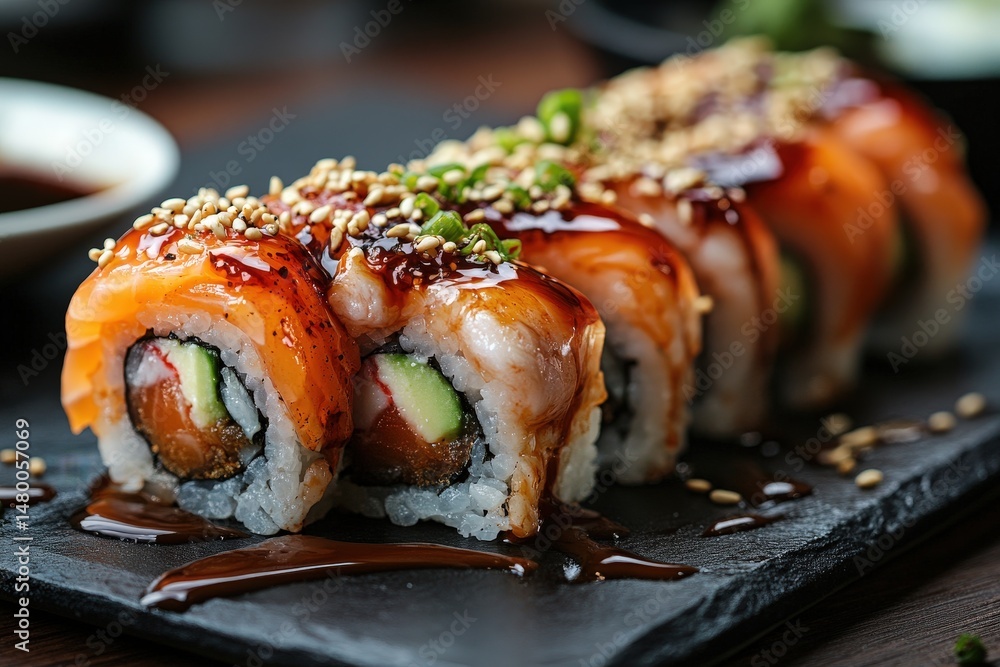 Sushi Roll Presentation on a Black Plate Featuring Salmon, Avocado, and Eel Sauce With Garnishes and Dipping Sauce on the Side Sushi Roll Presentation on a Black Plate Featuring Salmon, Avocado, and Eel Sauce With Garnishes and Dipping Sauce on the Side