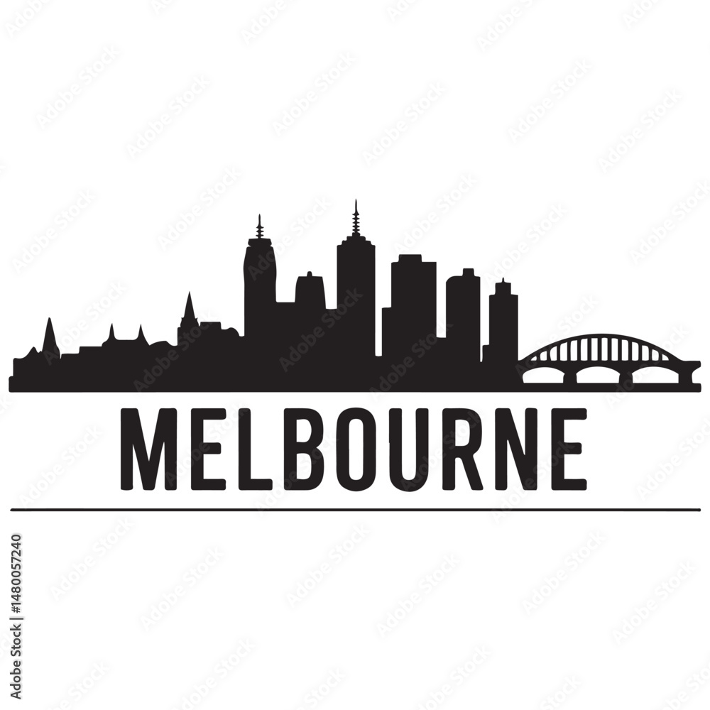 Fototapeta premium Melbourne skyline horizontal. Black and white silhouette of Melbourne, Australia. Vector template for your design. Vector black silhouette. with white background