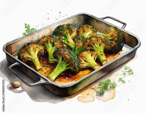watercolor illustration of roasted broccoli on a baking sheet concept of healthy eating vegan cuisine artistic food illustration white background