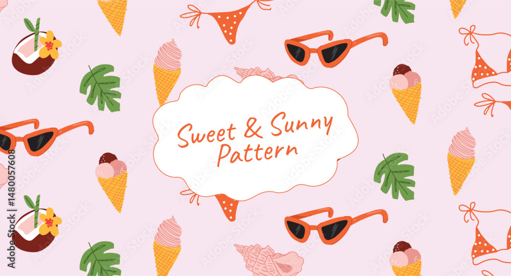 Naklejka premium Seamless summer pattern with tropical coconut drink, ice cream, bikini, seashells, sunglasses, and leaves. Sweet beach vibe design for textiles, wrapping, branding, print, decor. Vector illustration.