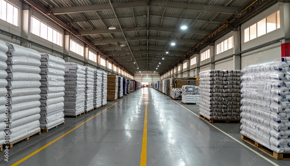 Obraz premium Empty Warehouse Aisle with Stacked Goods on Wooden Pallets