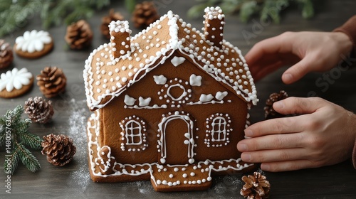 Gingerbread house making, winter table, festive background, holiday baking