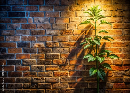 Antique Botanical Illustration: Weathered Brick Plant Texture, Night Photography