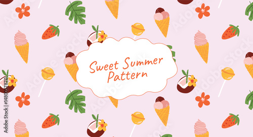 Seamless summer pattern with coconut cocktail, ice cream cone, lollipop, strawberry, leaves and tropical flowers. Bright beach vibe design for wrapping, branding, decor, textile. Vector illustration