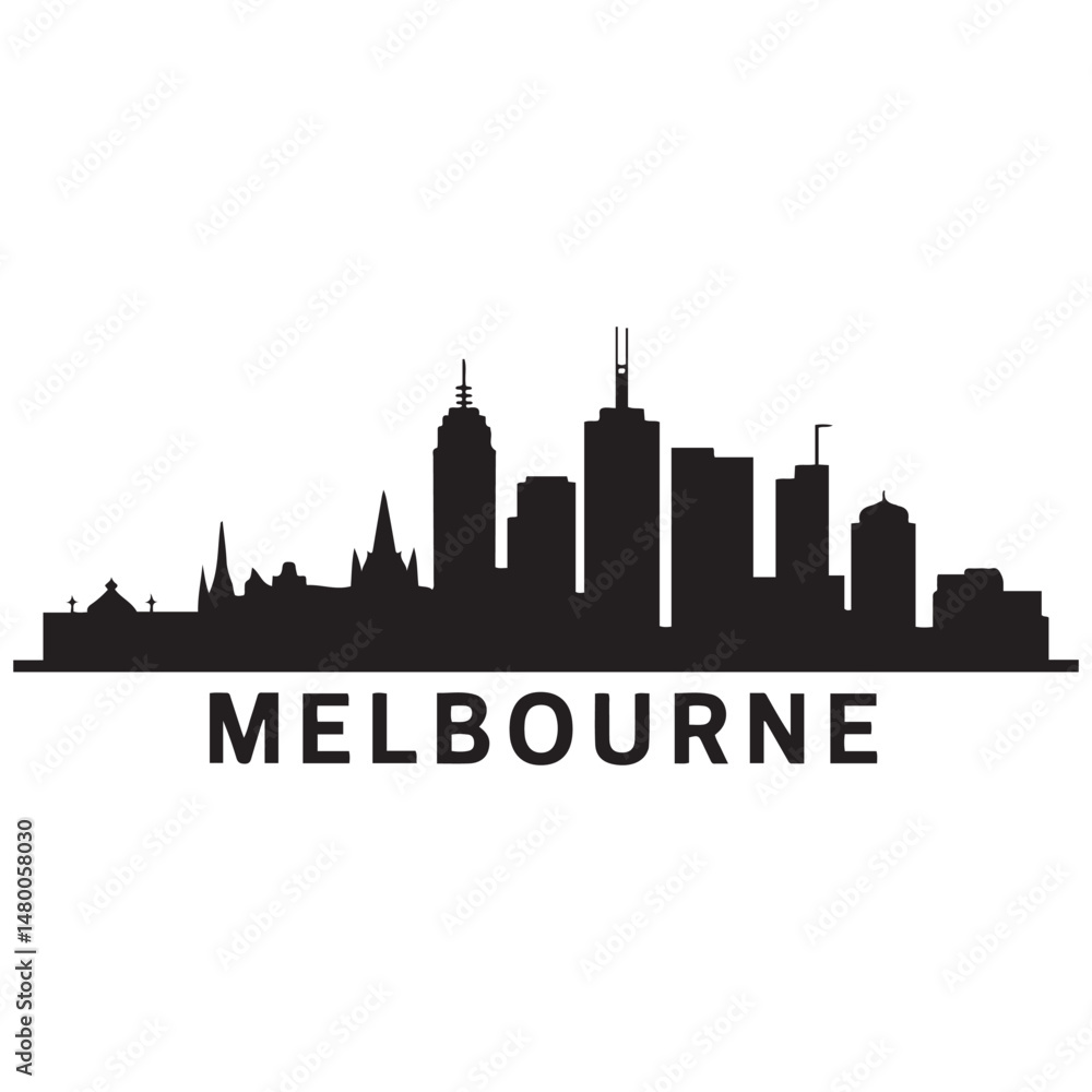 Melbourne skyline horizontal. Black and white silhouette of Melbourne, Australia. Vector template for your design. Vector black silhouette. with white background Melbourne skyline horizontal. Black and white silhouette of Melbourne, Australia. Vector template for your design. Vector black silhouette. with white background
