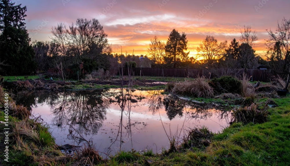 Obraz premium Serene Sunset Over Tranquil Pond with Reflection and Nature Surrounding