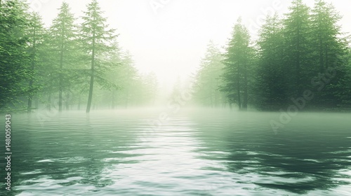 Ethereal Waterscape: Serene lake reflecting a misty forest shrouded in gentle fog