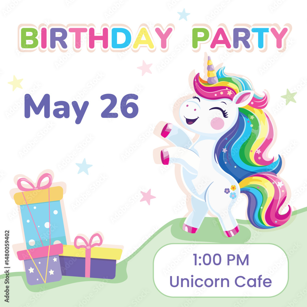 Fototapeta premium Birthday party invitation. Template with cute and happy unicorn with multi-colored hair and gifts on white background. Poster, Banner, Flyer. Vector illustration in flat cartoon style
