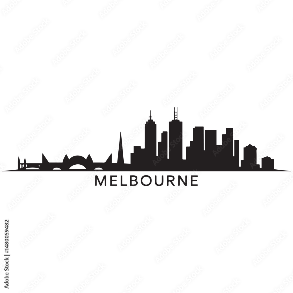 Naklejka premium Melbourne skyline horizontal. Black and white silhouette of Melbourne, Australia. Vector template for your design. Vector black silhouette. with white background