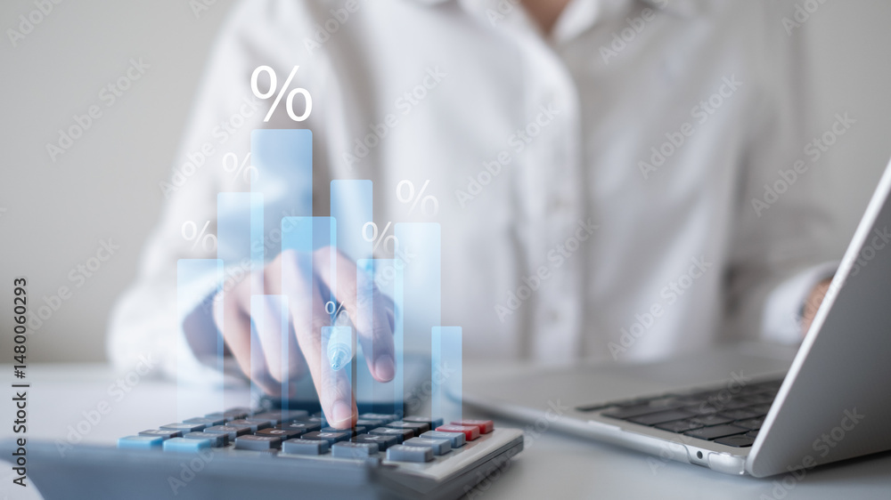 Fototapeta premium Businessman person using calculator finance chart graph investment document in office data laptop tax budget concept